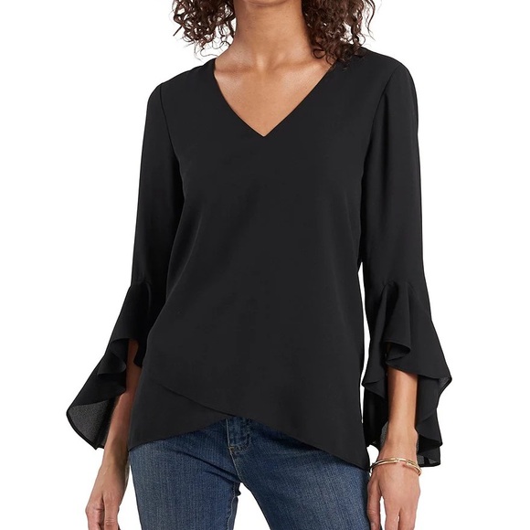 Vince Camuto Tops - Vince Camuto Black Ruffle Flutter Split Sleeve V-Neck Georgette Top Size 1X NWT